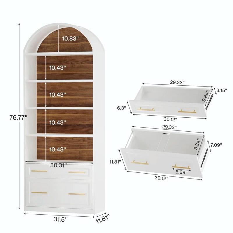 5-Tier Arched Bookshelf with Drawer & File Cabinet, Wood Storage Bookcase for Living Room or Home Office