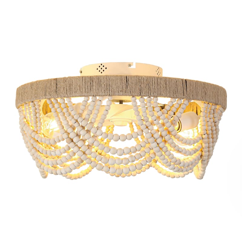 20" Smart Bohemian Wood Bead Beige Ceiling Fan with Remote and Light and APP Control - 19.7" D x 19.7" W x 10.1" H