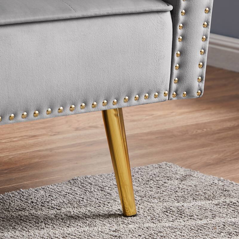 Velvet Tufted Sofa Couch with 2 Pillows and Nailhead Trim