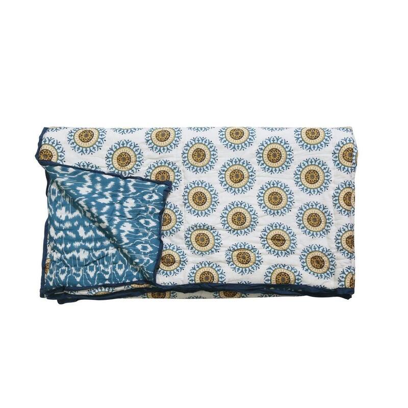 Timbergirl cotton handprinted teal floral quilt with 2 shams