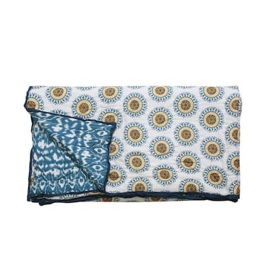 Timbergirl cotton handprinted teal floral quilt with 2 shams
