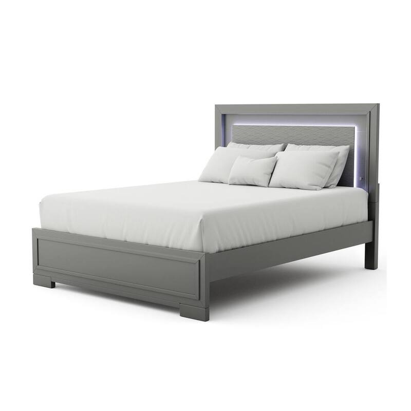 Aliso Queen Size Bed, LED Panel Headboard, Modern Metallic Gray