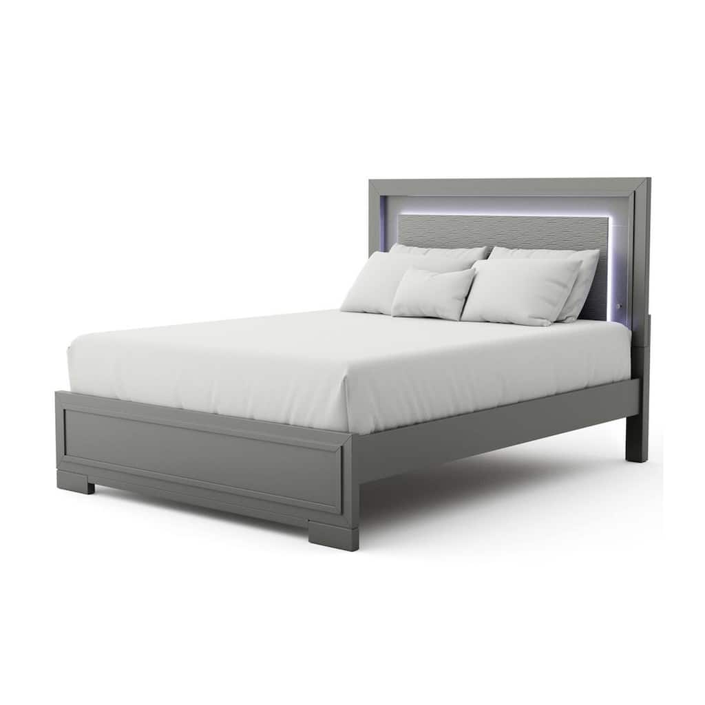 Aliso Queen Size Bed, LED Panel Headboard, Modern Metallic Gray