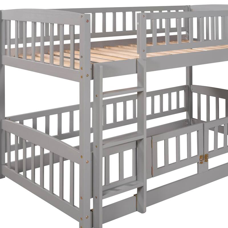 Twin Over Twin Low Bunk Bed with Slide, Fence, and Ladder for Kids and Teens, Grey