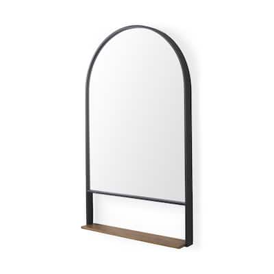 Cora Black Metal Frame With Brown Wood Shelf Arched Wall Mirror (40" x 24")