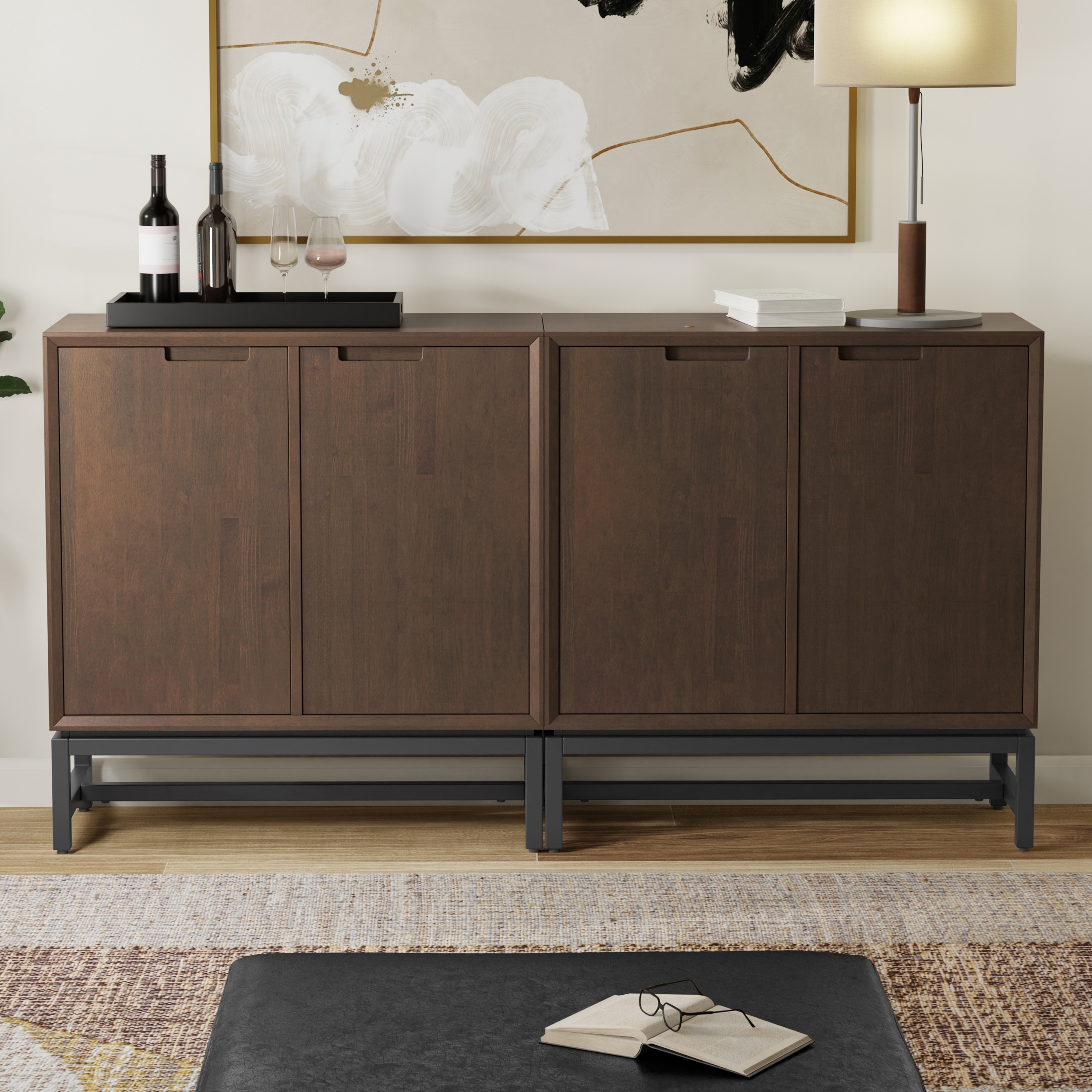 Simpli Home Banting Solid Wood 39 inch Storage Cabinet in Walnut Brown (Set of 2) - 39"W x 16"D x 42"H