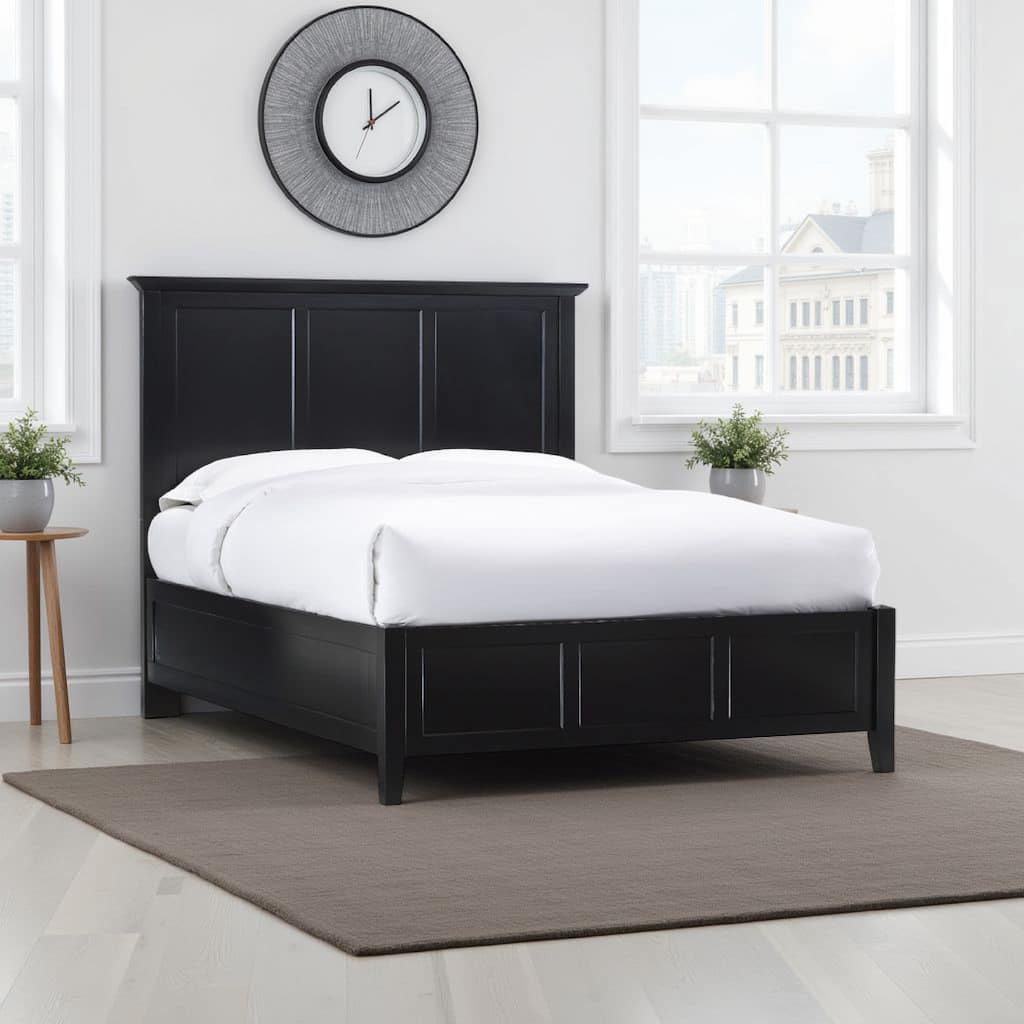 Neo Solid Mahogany Wood Low Profile Queen Bed, Beveled Trim Top, Black