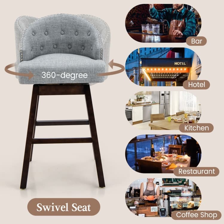 Set of 2 Swivel Bar Stools Tufted Bar Height Pub Chairs with Rubber Wood Legs - 21.5" x 21" x 41.5" (L x W x H)