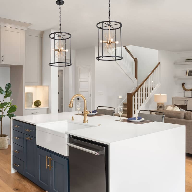 Tinky Modern Farmhouse Sputnik Drum Chandelier 4-light Black Gold Lantern Island Pendant Lights - D12.5" x H19"