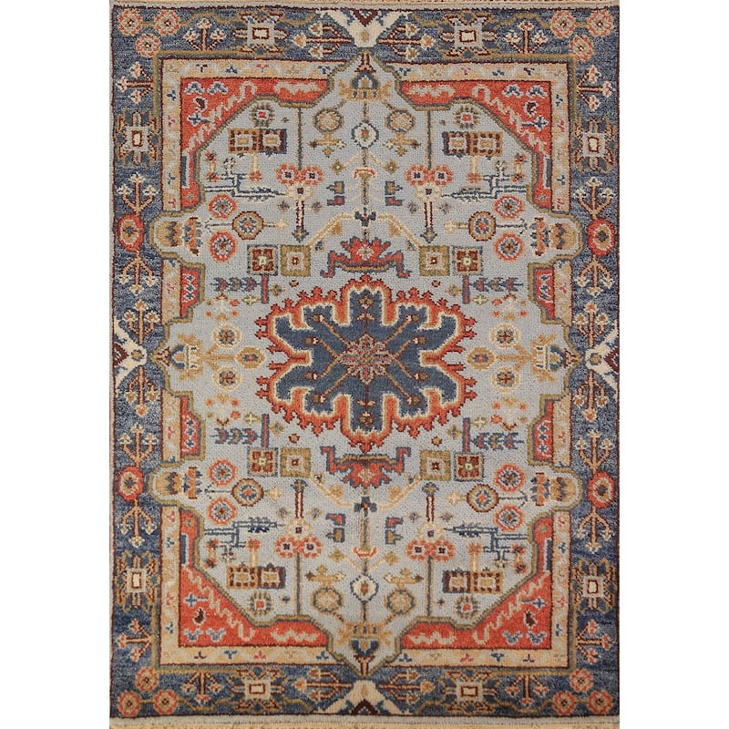 Light Blue Geometric Kazak Oriental Rug Handmade Wool Carpet - 4'0"x 5'9"