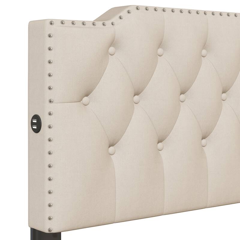 Queen Size Upholstered Platform Bed with 2 Drawers and 2 sets of USB Ports on each side, Linen Fabric