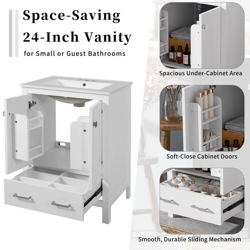24-inch bathroom vanity with integrated undermount basin and a storage cabinet featuring 2 doors and 1 drawer.