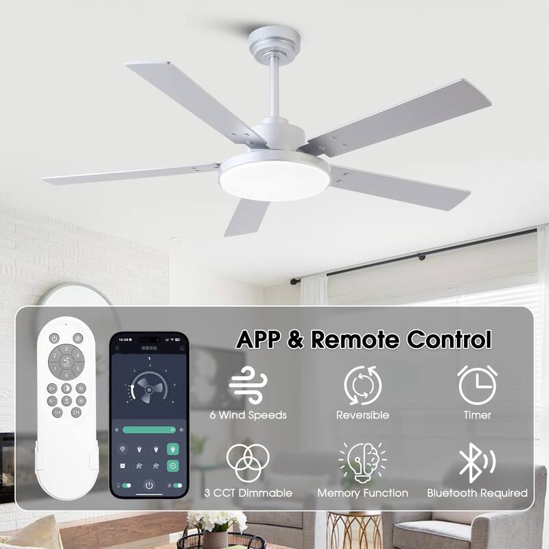 Vaczon 52" Modern Silver Reversible 5-Blade Dimmable LED Smart Ceiling Fan with APP Control