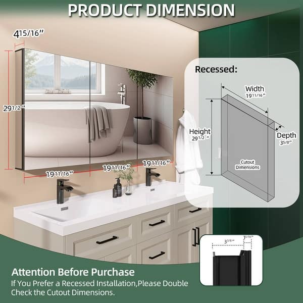 Getpro 60 in. W x 30 in. H Rectangular Aluminum Medicine Cabinet with Mirrors for Bathroom Frameless Recessed or Surface Mount