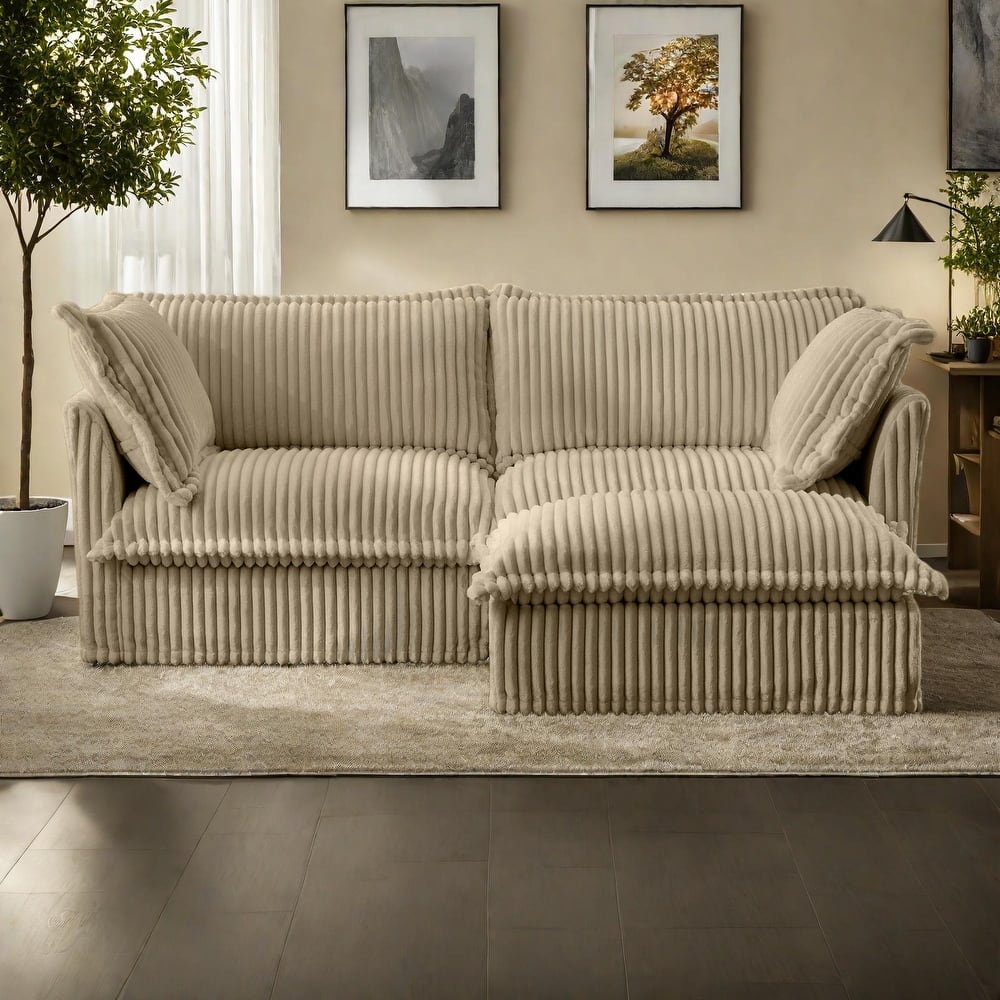 Corduroy Slipcovered 2-Seater Sectional Sofa with Convertible Ottoman, Wide and Deep Seat,and Soft Multiple Big Pillows