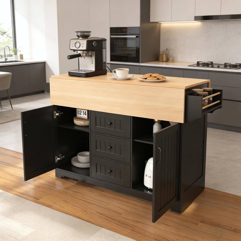55.7" Rolling Kitchen Island with Double Drop Leaf, Power Outlet, 3 Drawers, Spice & Towel Rack, Folding Dining Table Cart