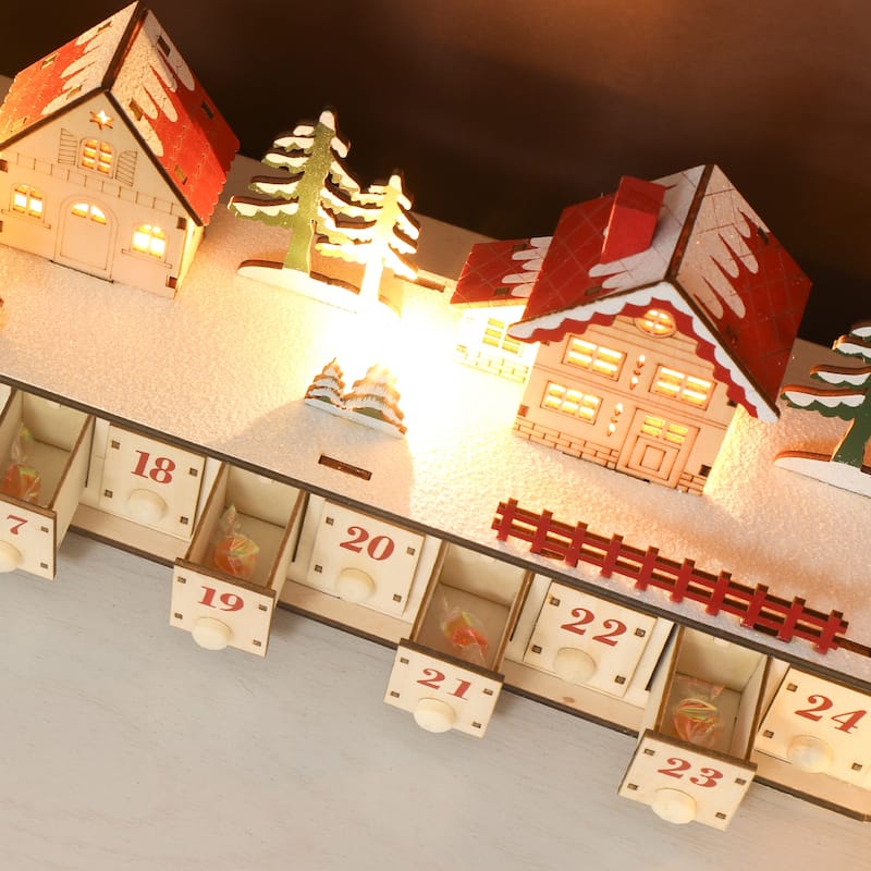 HOMCOM Christmas Calendar with 24 Drawers, Reusable Lighted Wood-Effect Countdown to Christmas Calendar with Village Scene