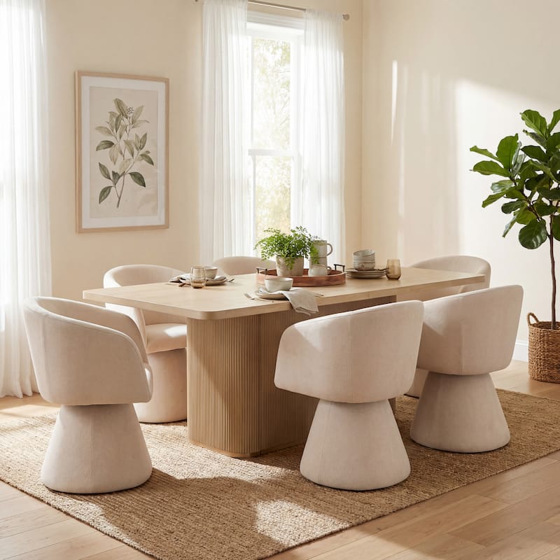 Christopher Knight Home - Melville 7-Piece Upholstered Swivel Dining Set with 84" Rectangular Pillar Base Dining Table - Light Ash+Beige