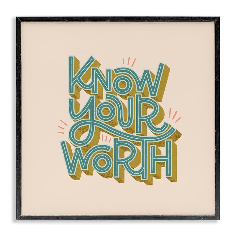 Stupell Know Your Worth Green on Beige Framed Giclee Art Design By Sarah Hickman - 24 x 24 - Black