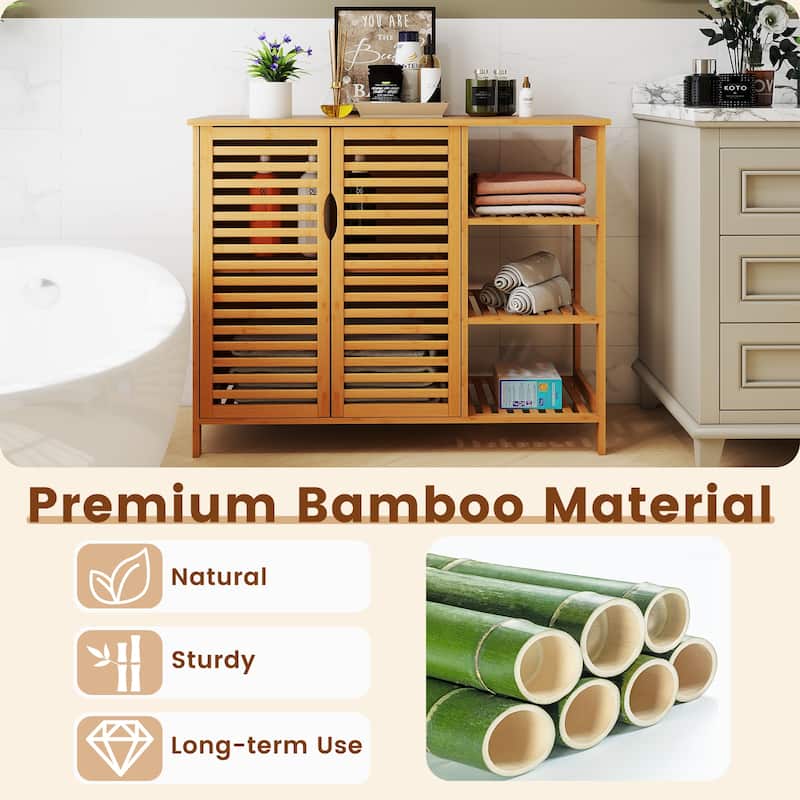 39.5" Natural Wicker Bathroom Storage Cabinet with Open Shelves and 2-Door for Kitchen or Living Room - 39.5" x 14" x 31.5"