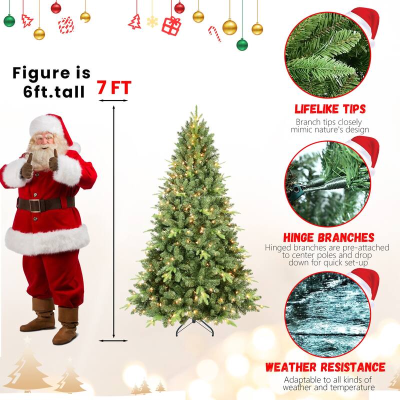 5FT Pre-Lit Christmas Tree with 300 UL Warm White Lights-Classic Green Tree with 967 PE+PVC Tips, Hinged Branches for Easy Setup