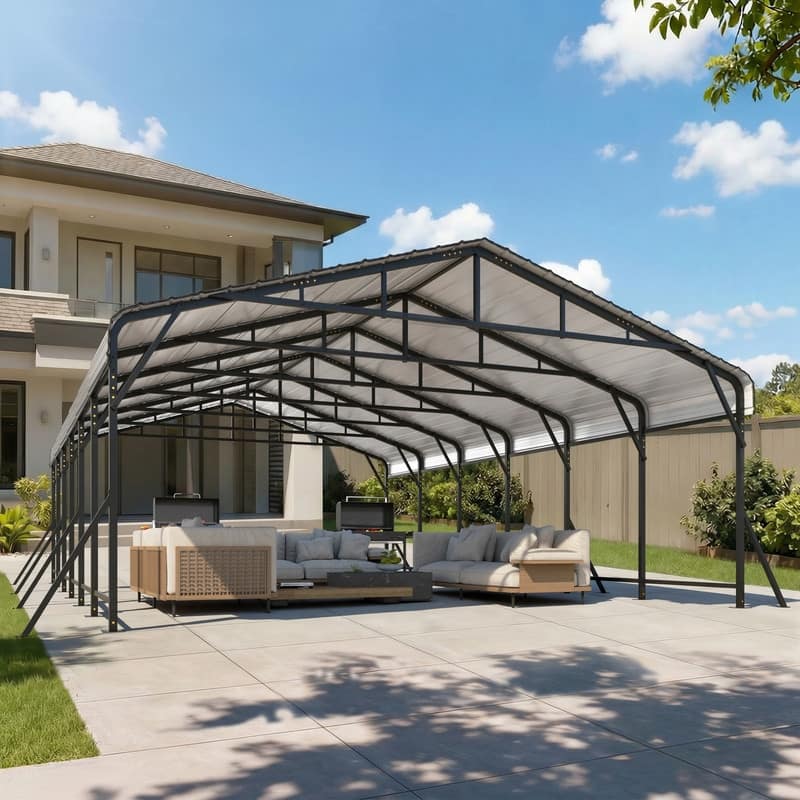 Erommy Outdoor Carport with Galvanized Steel Roof, Heavy-Duty All-Weather Shelter for Cars, Boats and Equipment