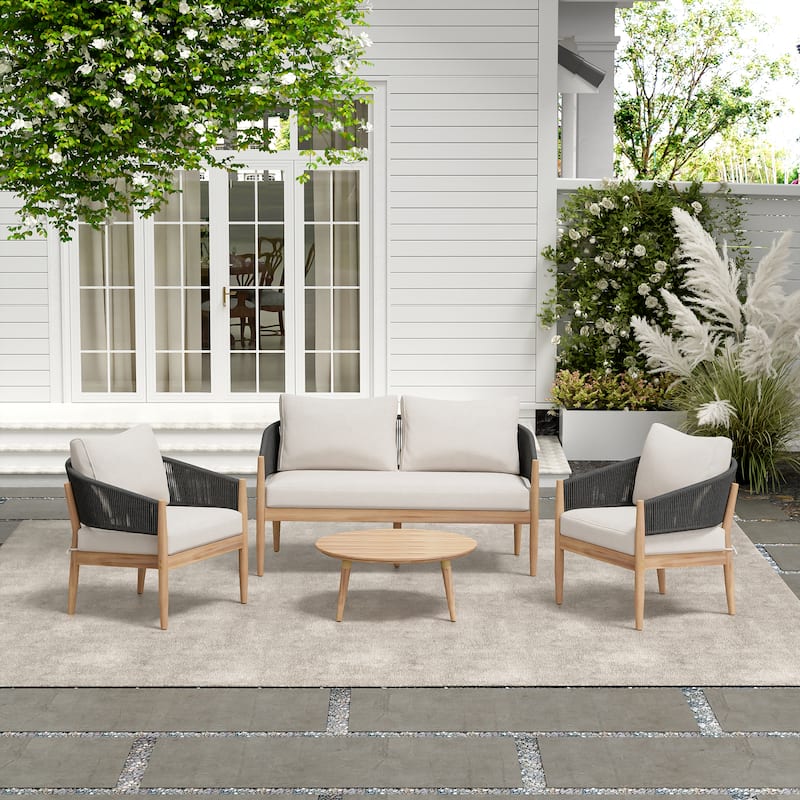 Christopher Knight Home - Linda Acacia Wood 4 Piece Outdoor Chat Set - Natural + Beige+Black