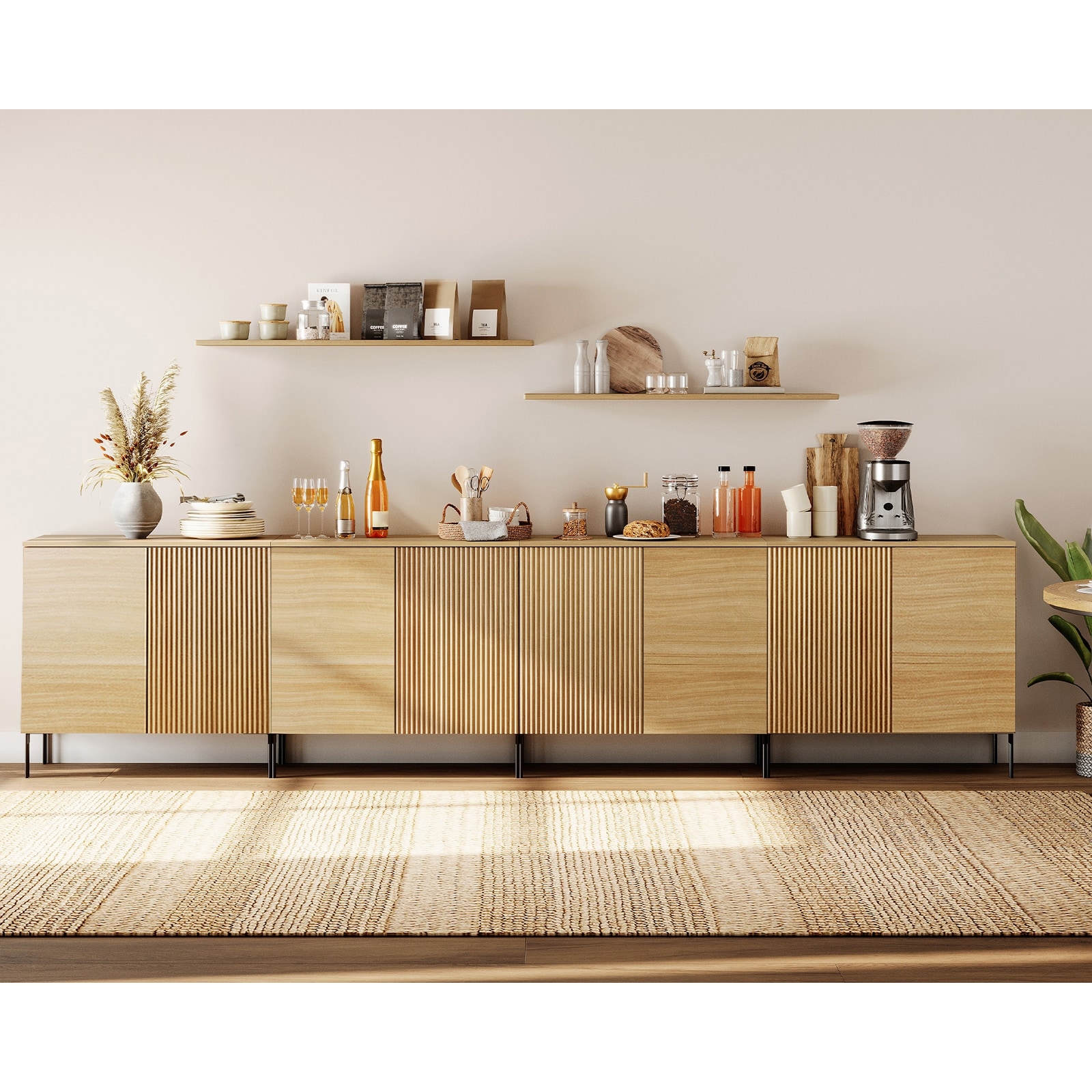126" Wooden Fluted Sideboard with 8 Doors and Adjustable Shelves, 4-In-1 Modern Credenza Storage Cabinet