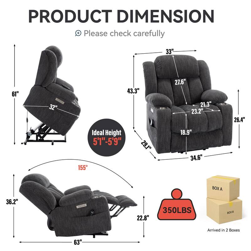 Chenille Power Lift Recliner Chair with Full Body Massage & Heat, USB & Type-C Ports, Stainless Steel Cup Holder - Grey