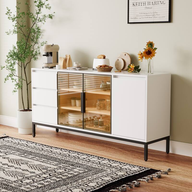 Buffet Cabinet With Storage, Kitchen Side Panel Storage Room With Doors And 3 Drawers, Pantry Cabinet Display Rack