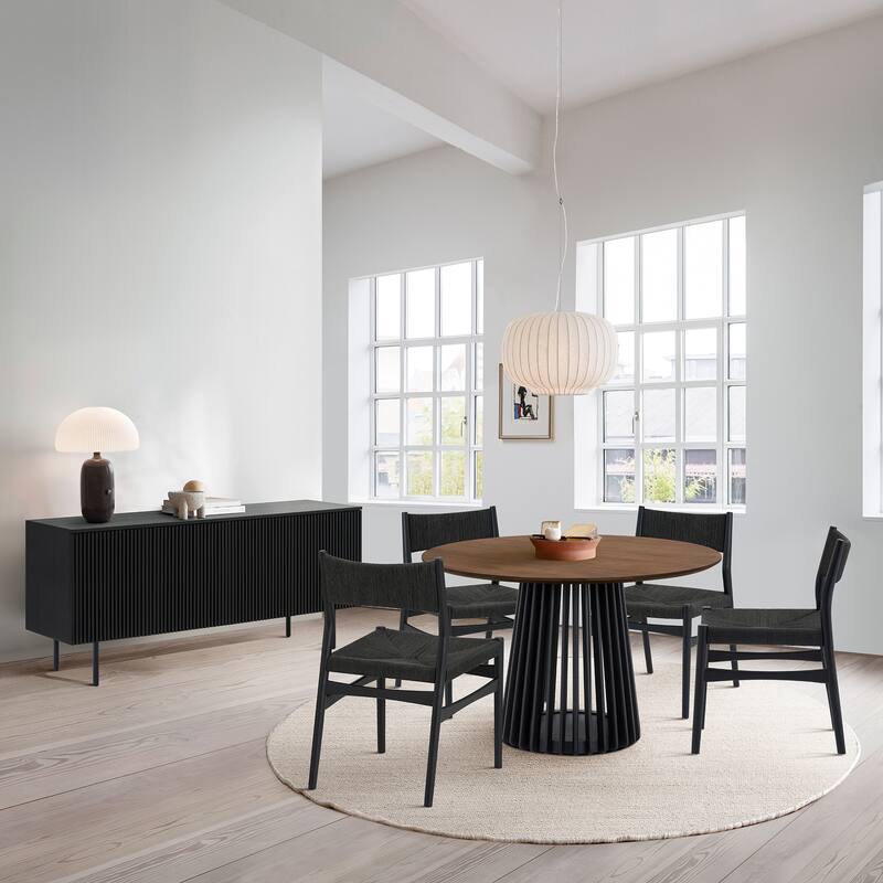 Pasadena Erie 6 Piece Round Dining Set with Buffet and Paper Cord Chairs - Walnut