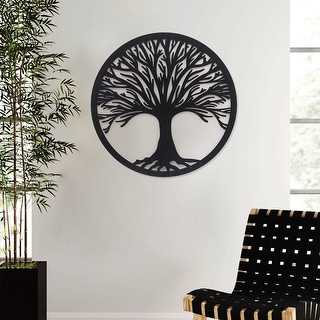 Adeco Tree of Life Metal Wall Hanging Art Sculpture Family Tree with Birds on Branches Round Contemporary Home Office Decor Large 24x24