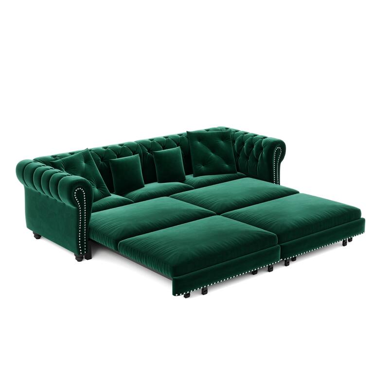 89" Chesterfield Pull Out Sofa Bed - Velvet 3-in-1 Convertible Sleeper with Chaise & Ottoman, King Size Sleeper Sofa