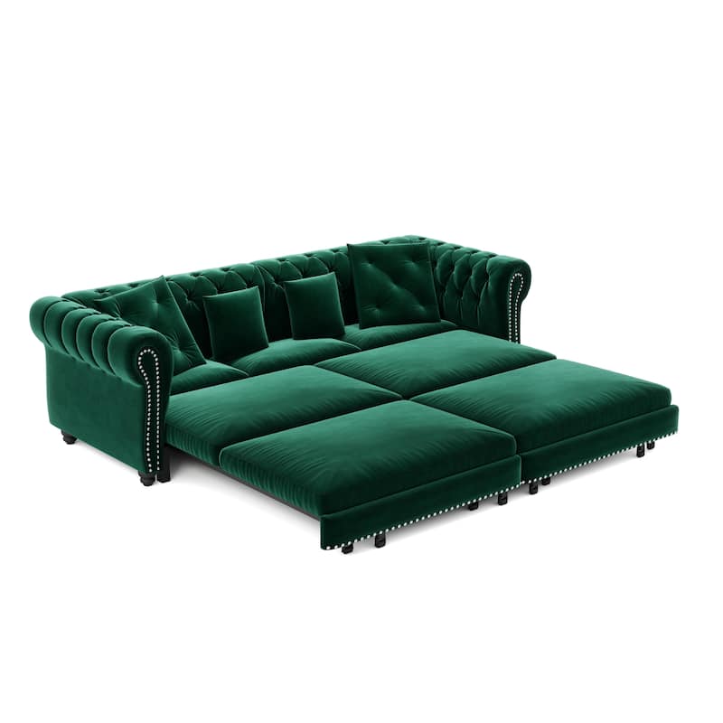 Oversized Chesterfield Loveseat Sofa, Convertible Pull Out Sleeper Sofabed Velvet Couch Bed w/Movable Ottoman and Nailhead Trim