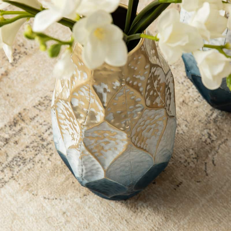 Glitzhome Set of 2 Abstract Ombre Blue and Gold Metal Vases