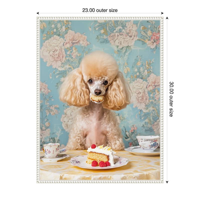 The Cake Loving Poodle by Mowzu Framed Canvas Wall Art - 23 x 30 in