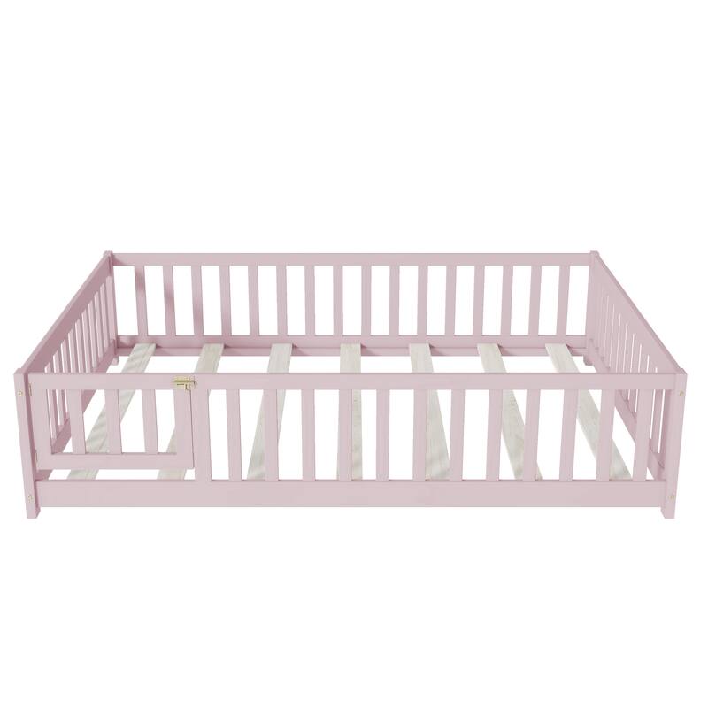 Full Size Rubber Wood Floor Bed with Safety Fence, Pink