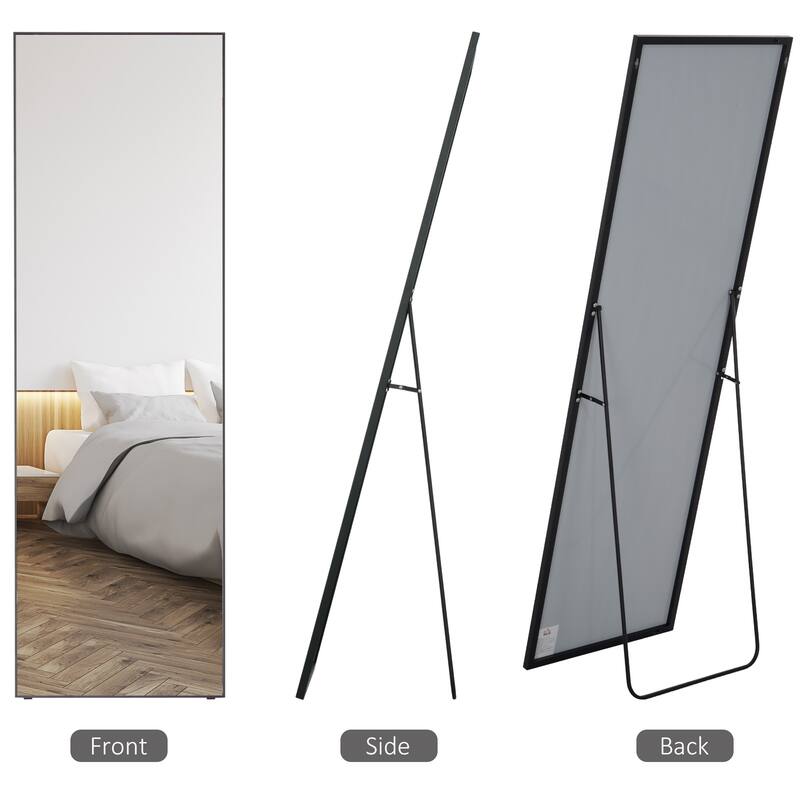 Black Aluminum Alloy Full-Length Dressing Mirror with Steel Bracket - 19.75" W x 63.5" H x 0.75" T