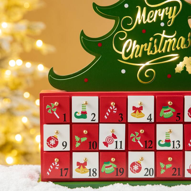 Glitzhome 15.25"H Lighted Wooden Christmas Tree Advent Calendar Decor - Multicolor