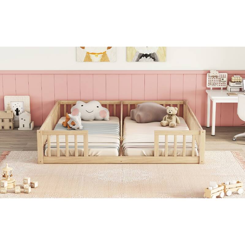 Roomfitters Double Twin Floor Bed Frame with Fence and Guardrails, Low Profile Shared Platform Bed, No Door Design