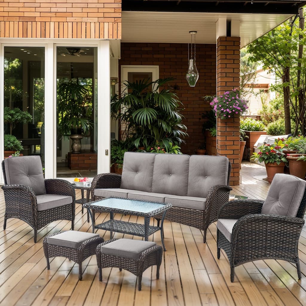 Outdoor Sofa Chair with Ottmans Coffee Table -Grey - Brown