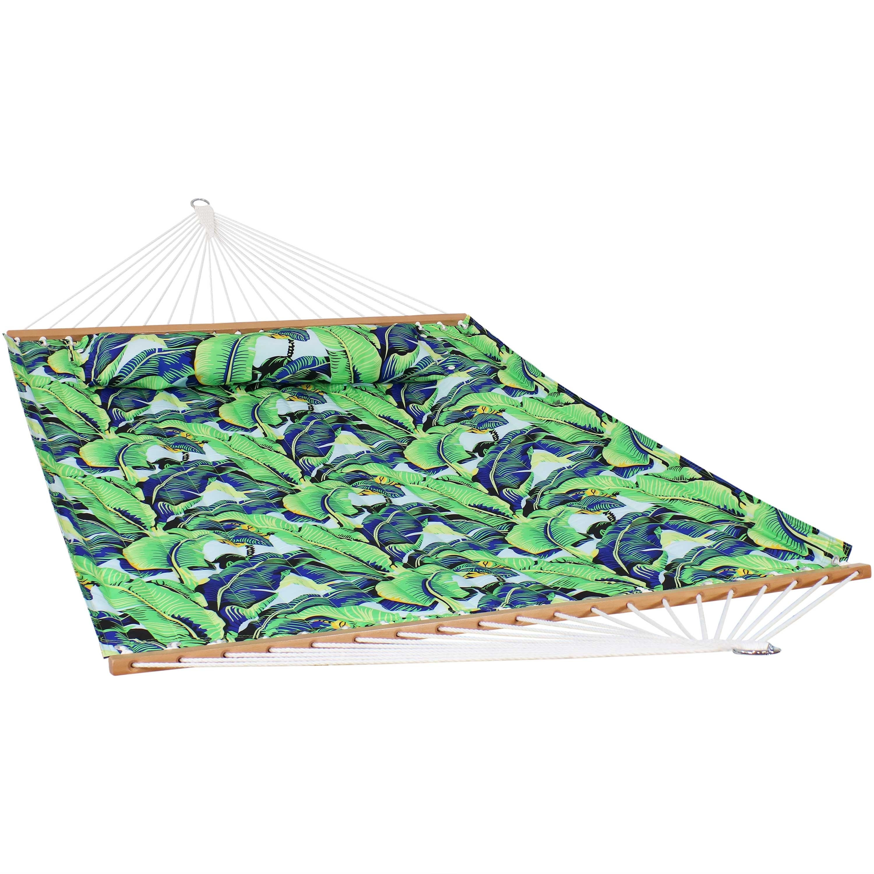 Sunnydaze Decor 2-Person Fabric Spreader Bar Hammock and Pillow - Exotic Foliage