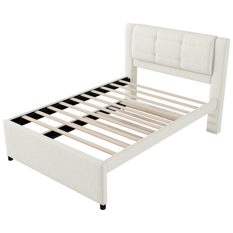 Full Size Upholstered Platform Bed with Adjustable Trundle, Beige