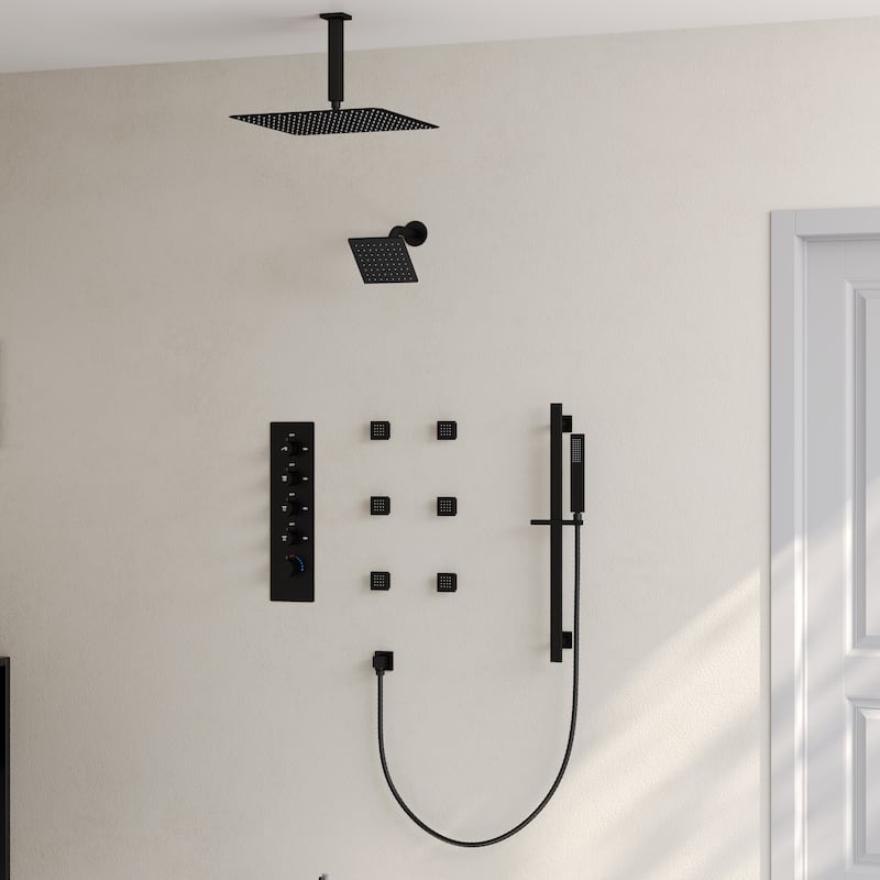 Thermostatic Rainfall Shower System with Handheld Spray, 16" & 6" Dual Shower Head and 6 Body Jets - Matte Black