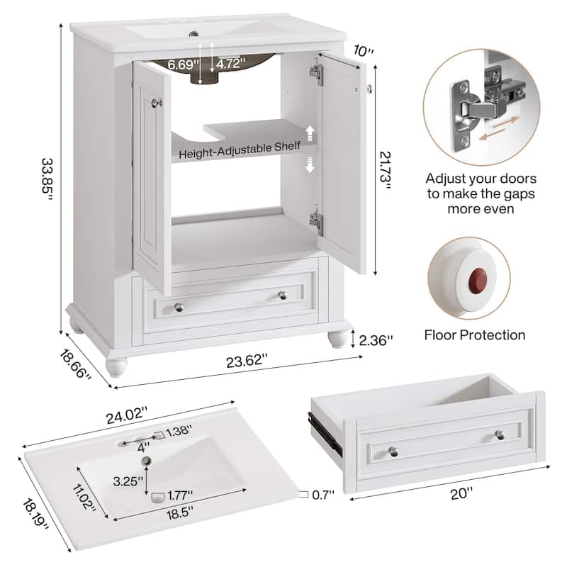 Modern Freestanding Solid Wood Bathroom Vanity with Ceramic Sink, Adjustable Shelf Storage