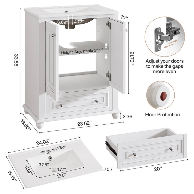 Solid Wood Modern Bathroom Vanity with Ceramic Sink, Adjustable Shelf Storage