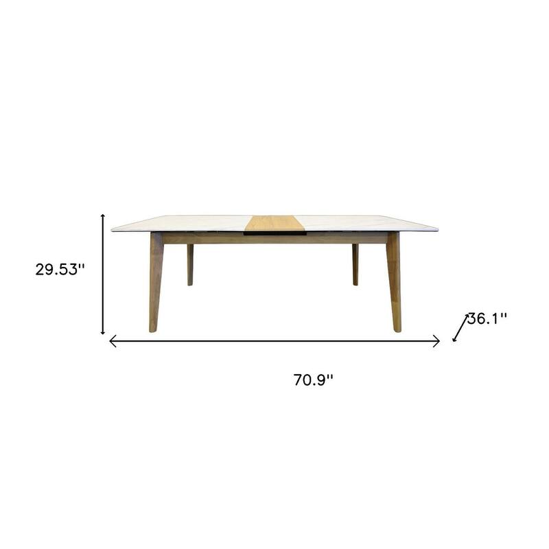 HomeRoots 86" White and Oak Wood Self-Storing Leaf Extendable Dining Table - 70.90 in. x 29.53 in. x 36.10 in.