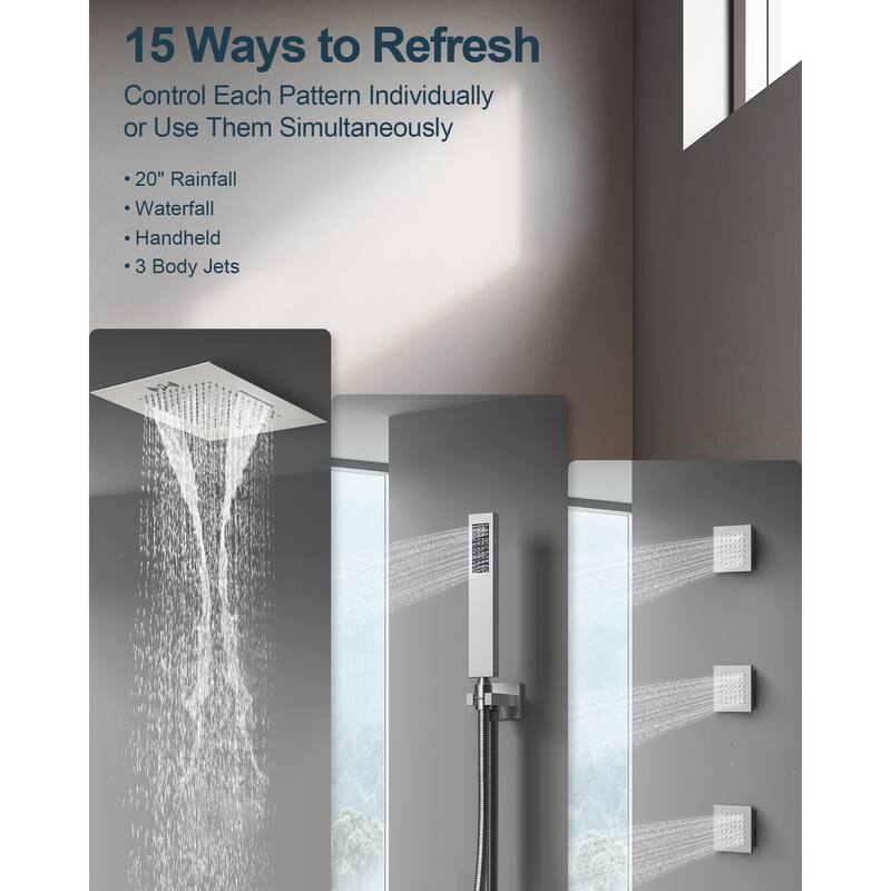 GRANDJOY Thermostatic Shower System 20" Ceiling Mount Shower Head Handheld Spray and Body Jets Combo LED Music
