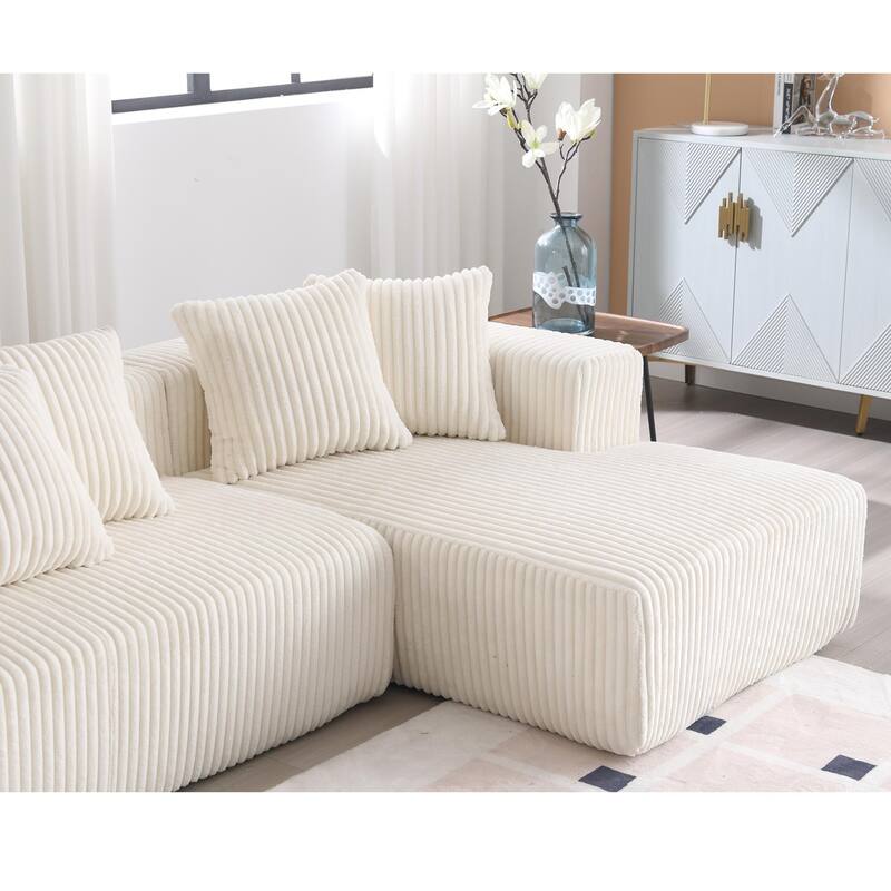 131" Modular U-shaped Sectional Couch, 4 Seater, Striped Corduroy, Ancient White