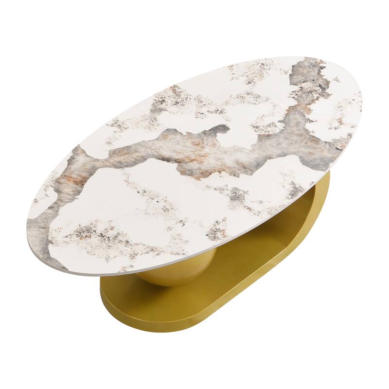 Roomfitters Modern Oval Coffee Table, Marble Pattern Sintered Stone Center Table, Luxury Living Room Accent Table Gold